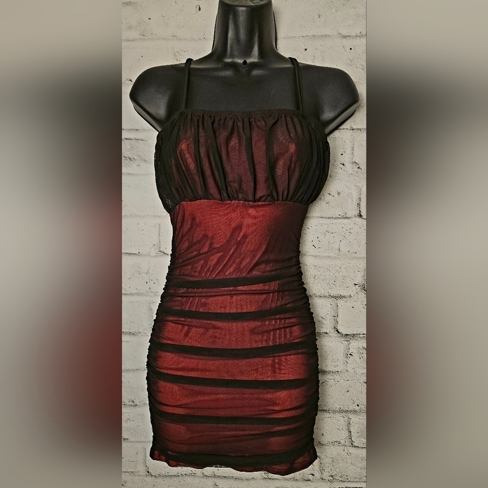 SHEIN Black Red Mesh Ruched Bodycon Mini Dress US 2